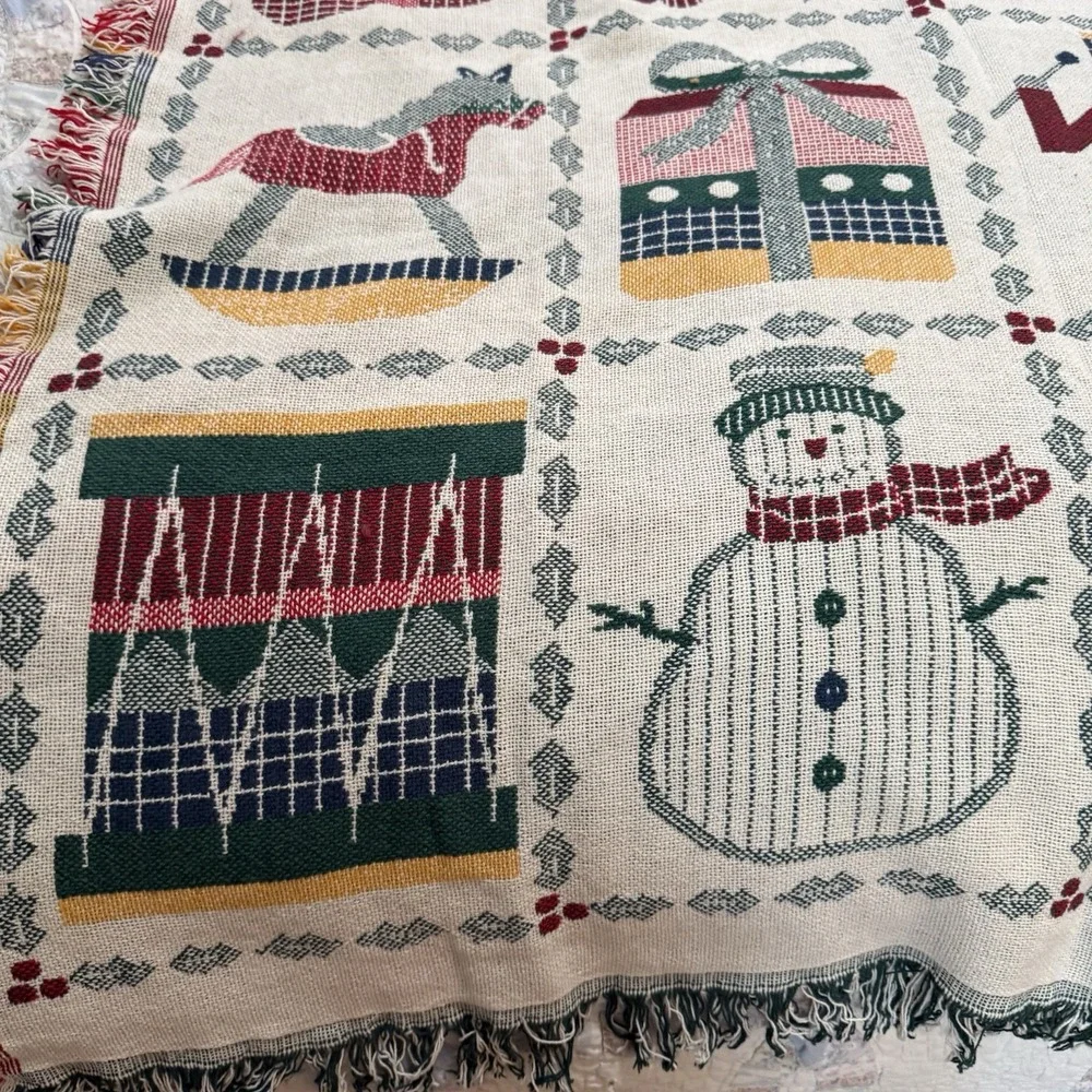 Vintage Tapestry Woven‎ Throw Holly Stockings Snowman Blanket Holiday Christmas